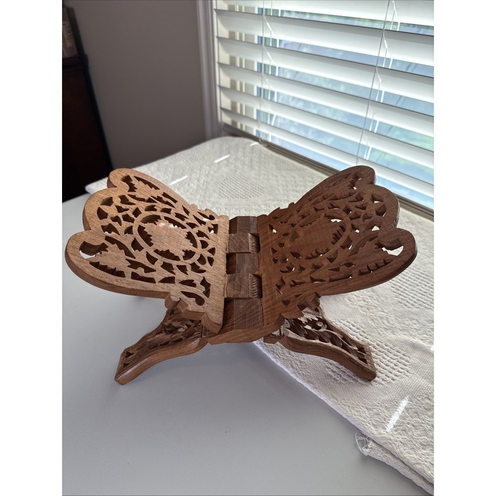 Hand Carved Wooden Folding Book Stand Rehal Cookbook Bible Quran Holder Filigree